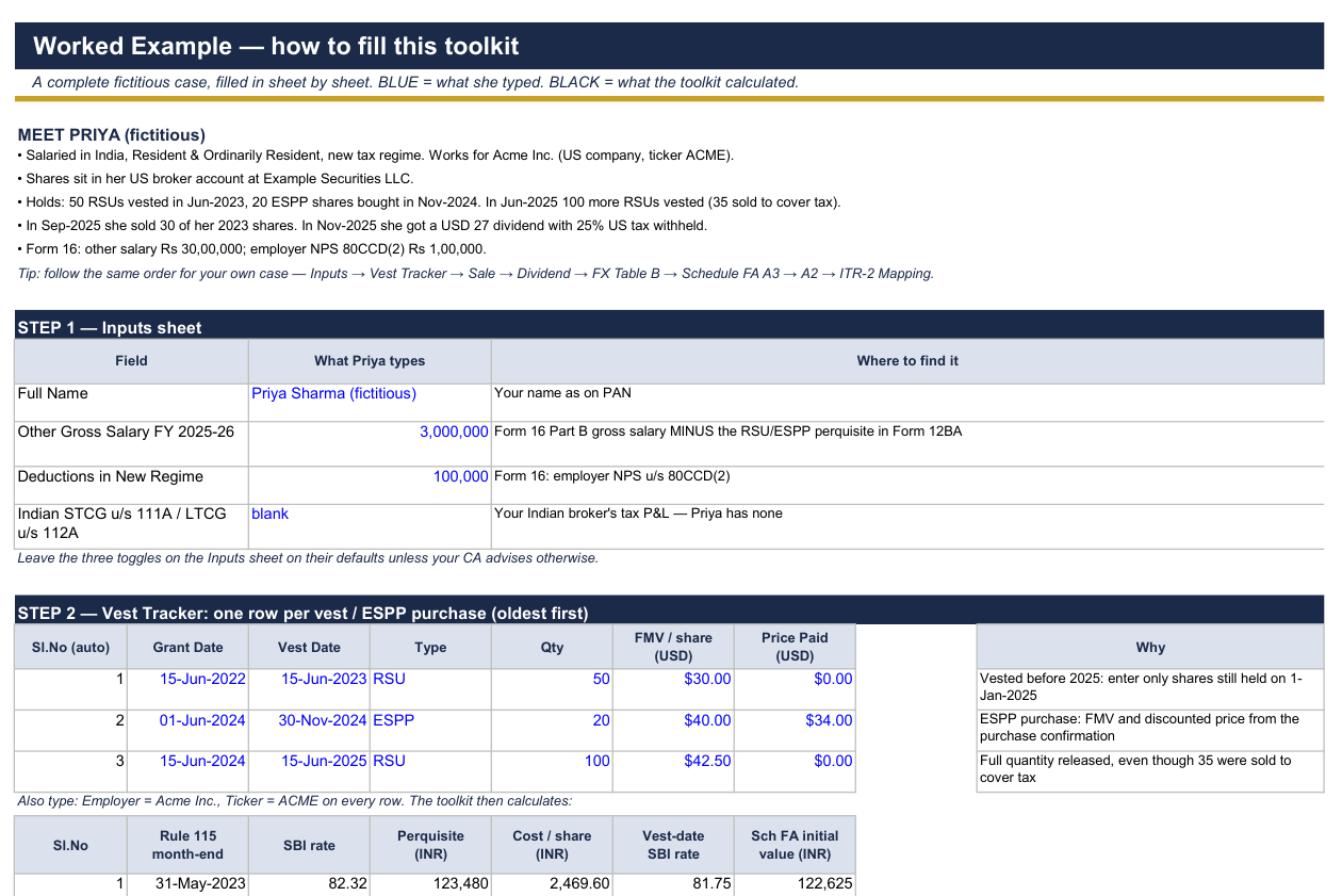 Worked Example tab of the ESOP / RSU / ESPP Tax Toolkit